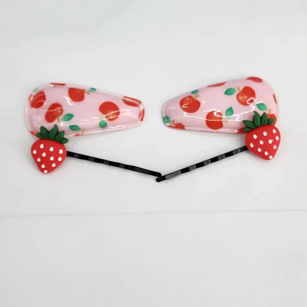 4 pc Fruit Hair Accessories 2 Strawberry bobby pins 2 Cherry snap barrette clips